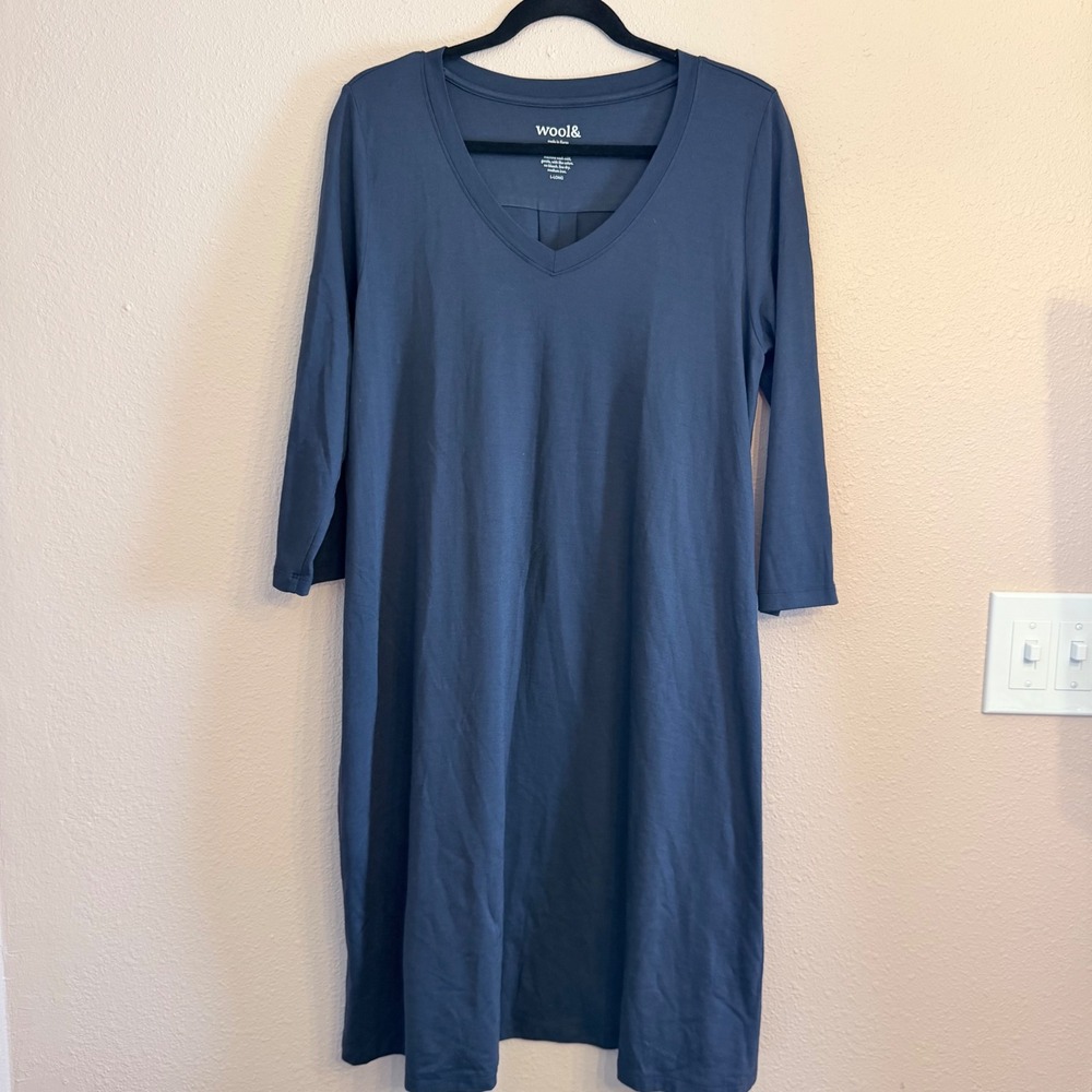 Wool& Rowena Merino Wool Swing Dress Navy Blue V-Neck Pockets Size L Long